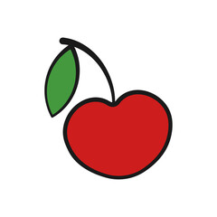 Cherry vector flat illustration. Stylized red berry with green leaf on white background.