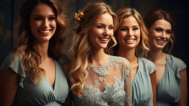 Portrait of bridesmaids, bachelorette party before the wedding. AI generated