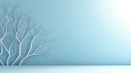 Fototapeta na wymiar Minimalistic abstract gentle light blue background for product presentation with light and intricate shadow from tree branches on wall.