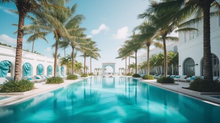 A glamorous resort style pool area with crisp blue water. AI generated