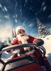 Weihnachtsmann fährt mit dem Auto durch den Winterwald
