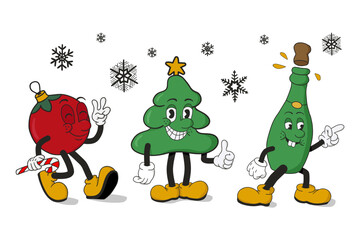 Set of old retro cartoon Christmas decoration characters. Winter holiday vintage composition. Funny Christmas tree, Christmas ball with candy stick, bottle of champagne. Trendy childish illustration