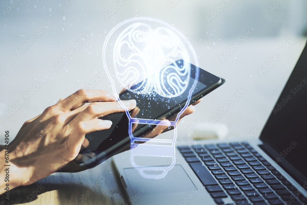 Aufkleber creative idea concept with light bulb and human brain illustration and with finger clicks on a digit