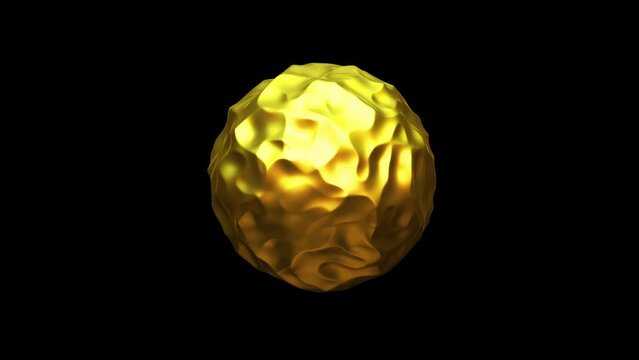 Metallic golden 3D sphere on black background. Concept of big money and wealth, business success and investment. Looped 4K animation of rotating yellow glossy sphere shape.