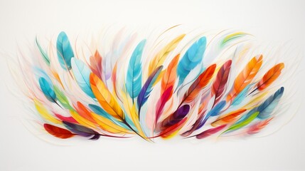 A collection of multicolored parrot feathers arranged in a radiant fan pattern on a white canvas.