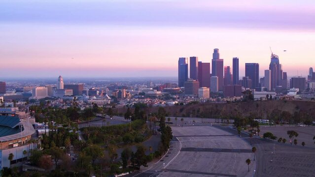 Aerial Time Lapse Shot Of Dodger Stadium Parking Lot Near Downtown In City Against Sky - Los Angeles, California