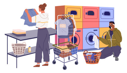 Laundry. Vector illustration. Hampers prevent dirty clothes from piling up Laundering delicate fabrics requires gentle care The laundry concept symbolizes personal transformation Cleaning agents