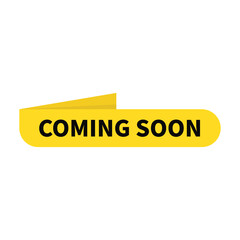 Coming Soon In Yellow Rounded Rectangle Ribbon Shape For Announcement Launching
