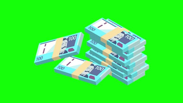100 soles peruanos apilados. Fajos de billetes de 100 soles siendo apilados. Fondo verde croma