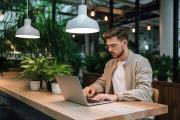 Fototapeta premium Young Man Working On Laptop In Cafe