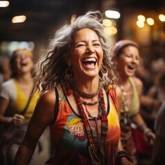 Happy elderly women enjoying a dance class, expressing their active lifestyle. AI generation