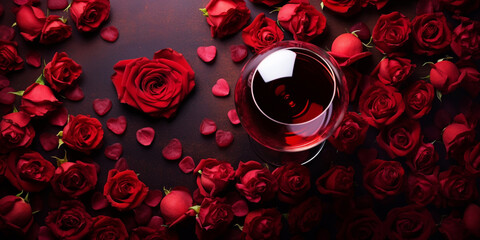 Valentine's day background roses and red wine glasses
