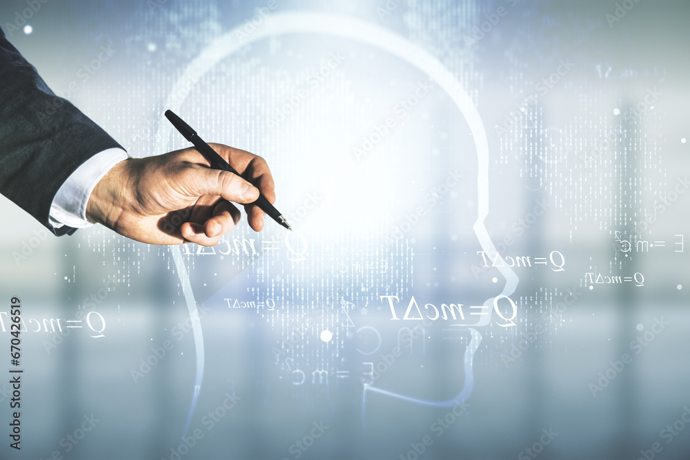 Aufkleber man hand with pen working with abstract virtual artificial intelligence concept with human head sket