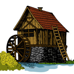 Old water mill engraving sketch style hand drawn color vector illustration. Scratch board style imitation. Hand drawn image.