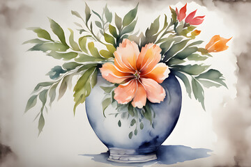 Picture of flowers in a vase, watercolor painting, bright colors, classic style.04