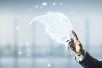 Double exposure of man hand presses on digital map of North America on blurred office background, research and strategy concept