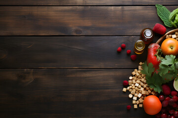 Herbal Arrangement on Rustic Table, top view - obrazy, fototapety, plakaty