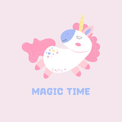 Cute little pink and blue magical unicorn. Vector design on a light background. Print for T-shirt. Illustration for children magic time