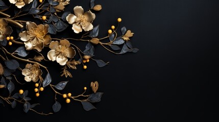 Flowers composition. Golden flowers on black background. Flat lay, top view, copy space