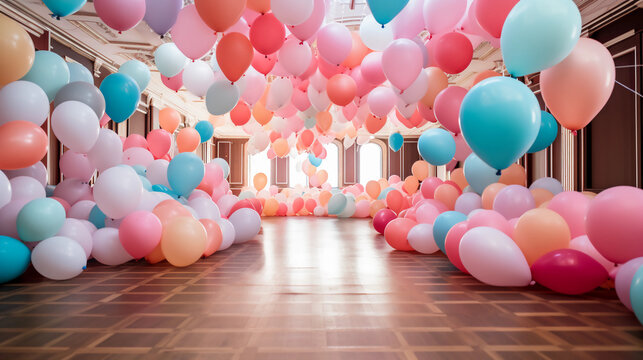 Colorful balloons in the room, New year, Anniversary and Birthday party decoration, Party background, Background for birthday card and backdrop, generative Ai