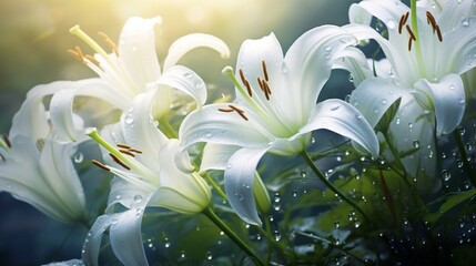 A delicate heart formed by white lilies with dewdrops glistening in morning sunlight.