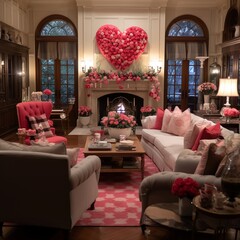 illustration of Interior of living room decorated for Valentines Day, Generative ai