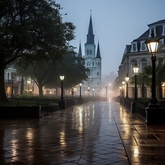 illustration of Jackson Square in the French Quarter on a dreary fog, Generative ai - obrazy, fototapety, plakaty