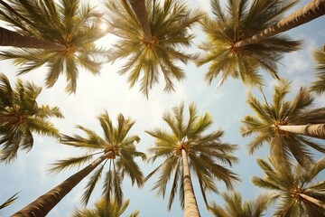 Palm tree on tropical beach with blue sky and sunlight in summer, uprisen angle