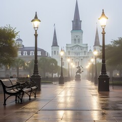 illustration of Jackson Square in the French Quarter on a dreary fog, Generative ai