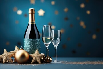 Christmas or New Year concept, holiday banner with Small Christmas tree, bottle of Champaign on a blue background with copy space.