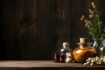 Rustic Wooden Table with Medicinal Herbs - obrazy, fototapety, plakaty
