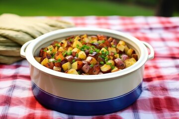 barbecue potato salad in a stoneware dish with a checkered napkin on side