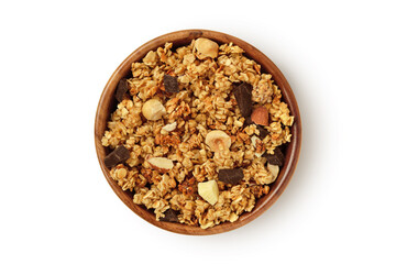 Homemade granola in wooden bowl on white background
