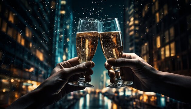 Close-up of hands of two people clinking glasses of champagne celebrating the new year. City lights in the background.