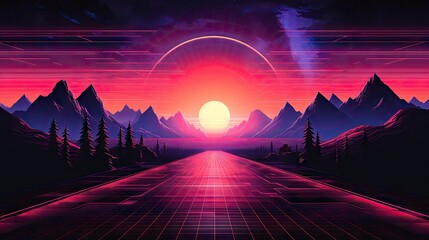 80s retro futuristic sci-fi., nostalgic 90s. Night and sunset neon colors, cyberpunk vintage illustration. Sun, mountains and palms. Retrowave VJ videogame landscape, Retro Synthwave - obrazy, fototapety, plakaty