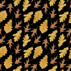 Watercolour autumn oak leaves season illustration seamless pattern. On black background. Hand-painted. Floral elements.