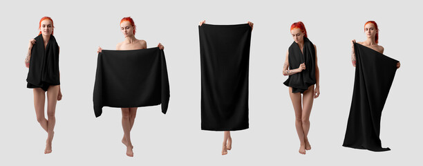 Mockup of a black towel, a presentation of a bath towelette in the hands of a full-length...