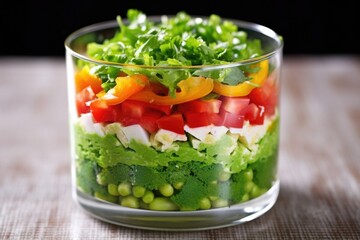 a layered salad in a glass bowl showing distinct vegetable layers