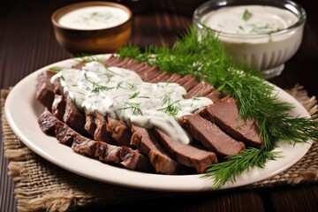 slices of brisket served with cream sauce and herbs