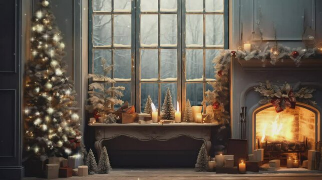 fireplace with christmas decorations background, looping video animation