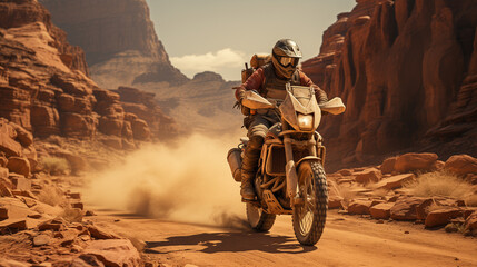 person riding a bike in the desert - obrazy, fototapety, plakaty