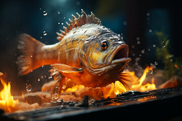 illustration of whole fish of carp in levitation, frying over flame grill on black background - obrazy, fototapety, plakaty
