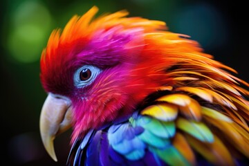 focus on colourful feathers of a tropical bird