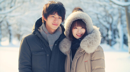 Obraz premium 冬のカップル、笑顔の日本人の男性と女性