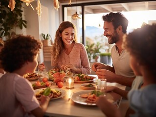 Happy family  having easter dinner together to celebrate christmas Thanksgiving holiday in cozy home