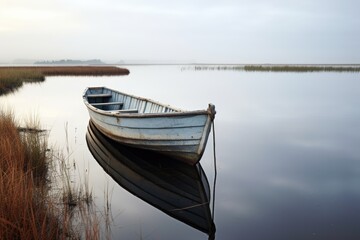 empty fishing boat floating on a calm, still pond