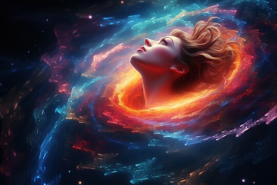 Set against a fantasy backdrop of a girl's face coupled with a galaxy or a beautiful galaxy. Surreal fantasy illustrations