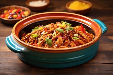 serving of bourbon bbq pulled chicken in a colorful ceramic dish