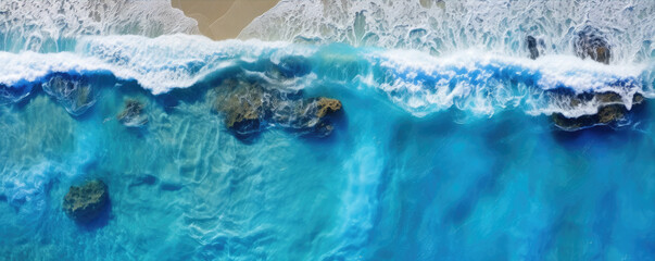 Sea waves or ocean surface from aerial view. Blue water with foam, copy space for text.