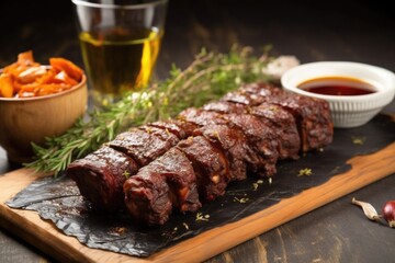 churrasco spare ribs placed on a stone table next to bbq sauce